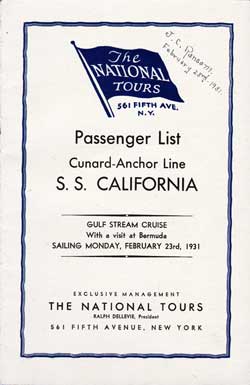 23 February 1931 Cruise Passenger Manifest - SS California