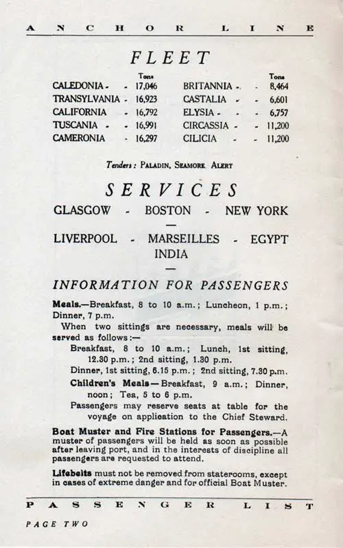 Anchor Line Fleet List Including Tenders, Global Services, and Partial Passenger Information, 1938.