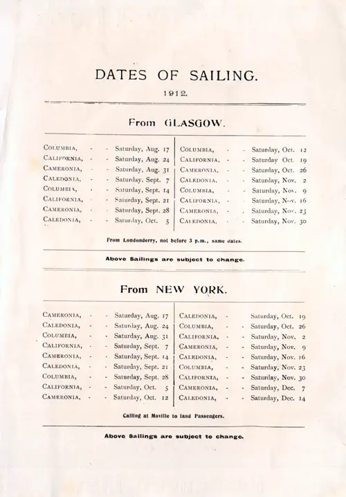 Sailing Schedule, Glasgow-New York, from 17 August 1912 to 14 December 1912.