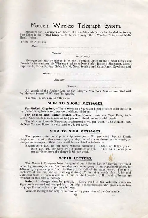 Marconi Wireless Telegraph System Instructions for Passengers.