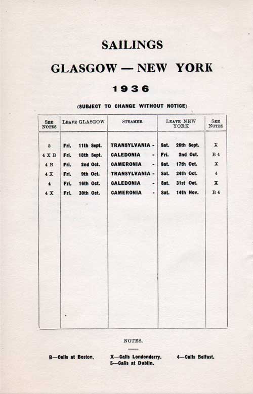 Sailing Schedule, Glasgow-New York, from 11 September 1936 to 14 November 1936.