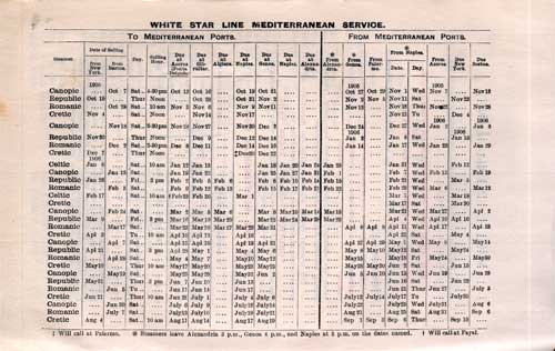 Advertisement for White Star Line Mediterranean Service 1905.