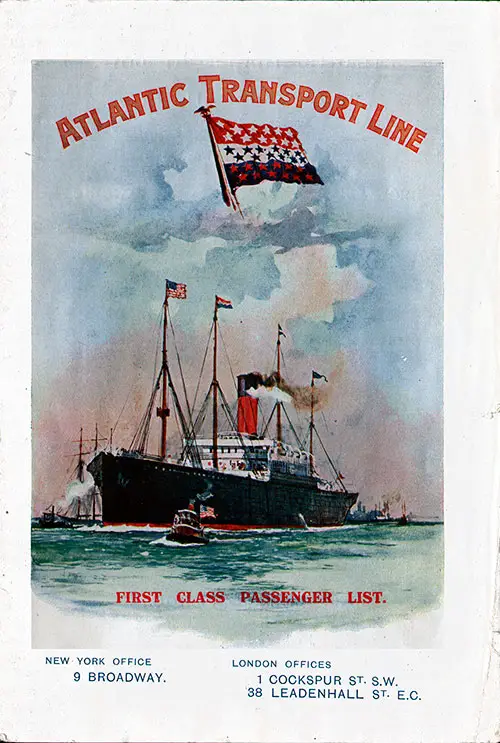 Front Cover - Passenger List, Atlantic Transport Line, SS Minnehaha, 5 February 1910