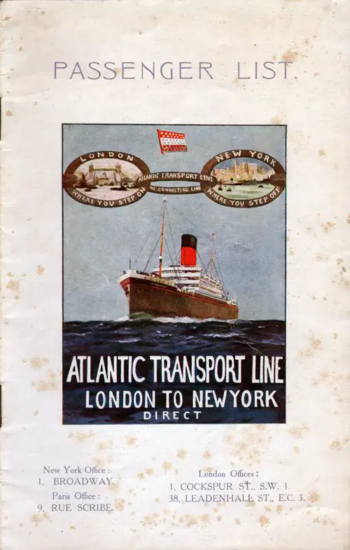 Front Cover, Passenger List, SS Minnesota, Atlantic Transport Line, August 1927