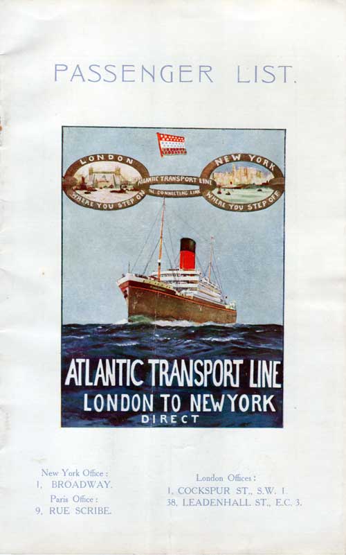 Front Cover - 15 October 1927 Passenger List, SS Minnesota, Atlantic Transport Line