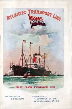 Passenger Manifest, Atlantic Transport Line SS Minnetonka, 1912-08-31 London to New York