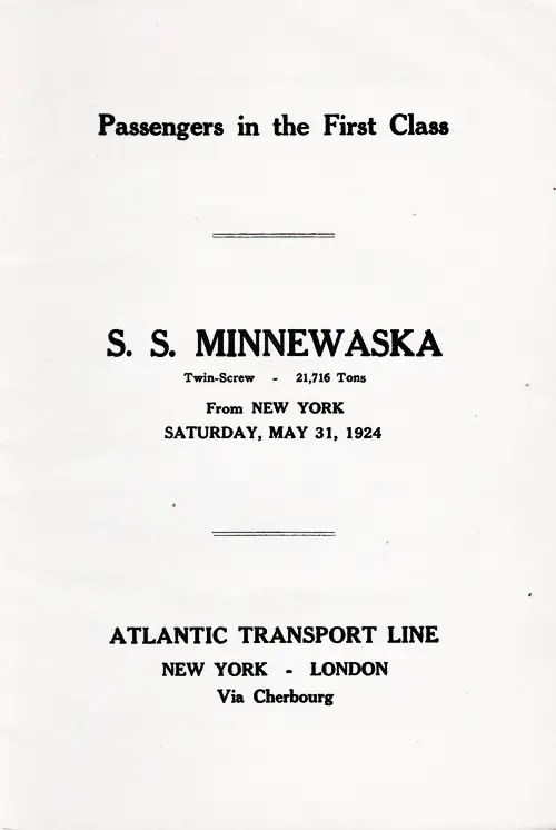 Title Page, SS Minnewaska First Class Passenger List, 31 May 1924.