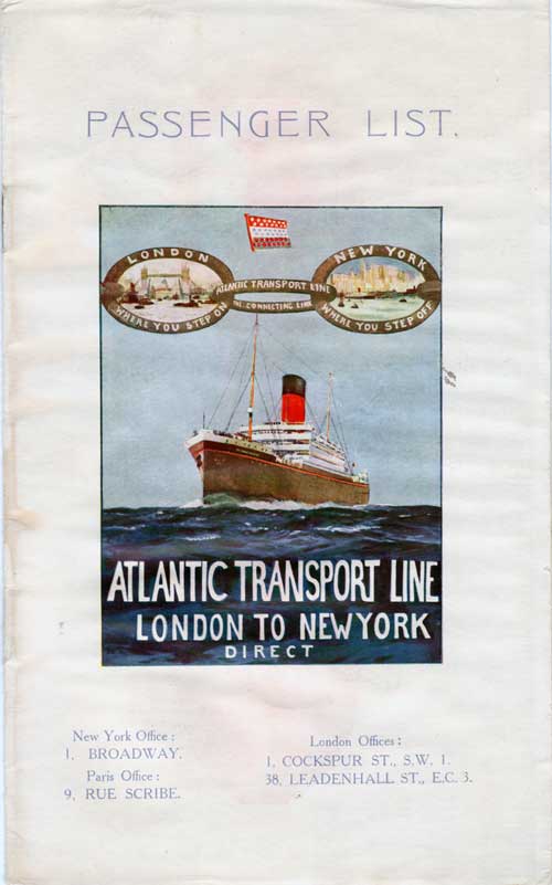 Front Cover - 23 April 1927 Passenger List, SS Minnewaska, Atlantic Transport Line