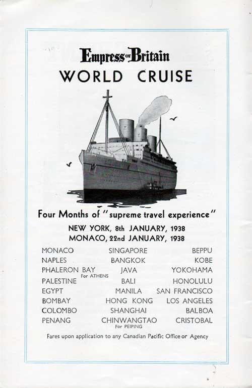 Empress of Britain World Cruise, 1938, Four Months of Supreme Travel Experience.