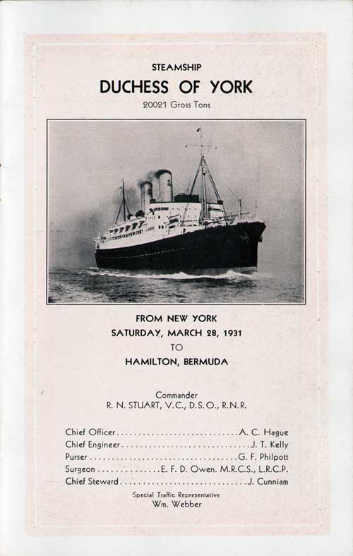 Title page of a First Class Passenger List for the SS Duchess of York of the Canadian Pacific Line (CPOS), Departing 28 March 1931