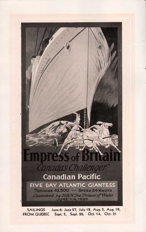Advertisement: Empress of Britain, "Canada's Challenger." Canadian Pacific Five Day Atlantic Giantess.