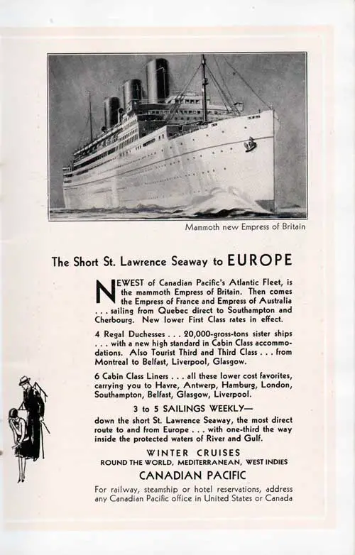 Advertisement, The Short St. Lawrence Seaway to Europe and the Mammoth New Empress of Britain.