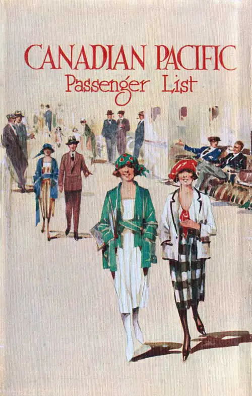Back Cover of a Tourist Third Cabin Passenger List for the SS Empress of Australia of the Canadian Pacific Line (CPOS), Departing 14 July 1928 from Southampton to Quebec via Cherbourg.