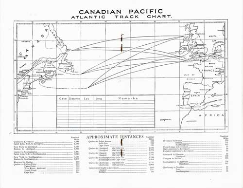 Canadian Pacific Line Atlantic Track Chart with Approximate Distance and Unused Abstract of Log. Included in the 24 August 1937 SS Empress of Australia Passenger List.