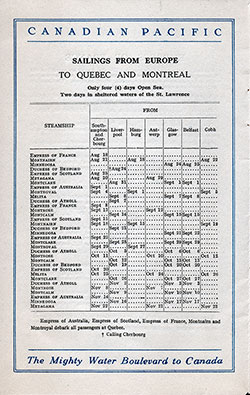 Sailing Schedule, Southampton, Cherbourg, Liverpool, Hamburg, Antwerp, Glasgow, Belfast, and Cobh to Québec and Montréal, from 18 August 1928 to 23 November 1928.