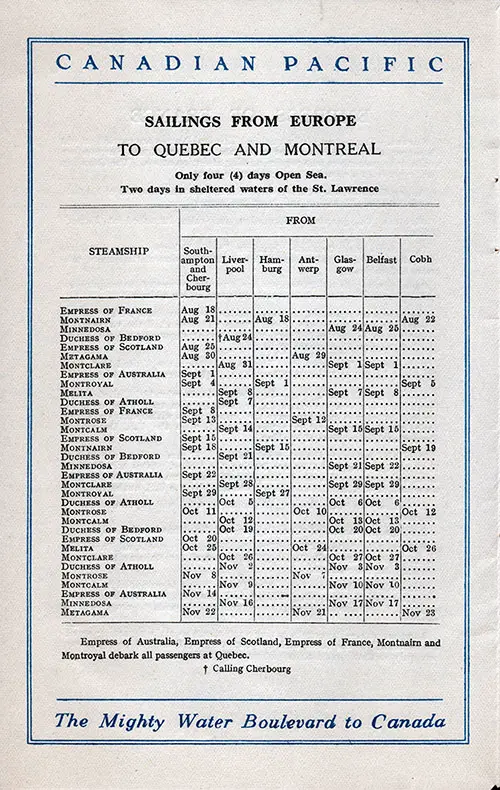 Sailing Schedule, Southampton, Cherbourg, Liverpool, Hamburg, Antwerp, Glasgow, Belfast, and Cobh to Québec and Montréal, from 18 August 1928 to 23 November 1928.