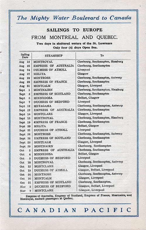 Sailing Schedule, Montréal and Québec to Cherbourg, Southampton, Hamburg, Liverpool, Glasgow, and Antwerp, from 18 August 1928 to 9 November 1928.