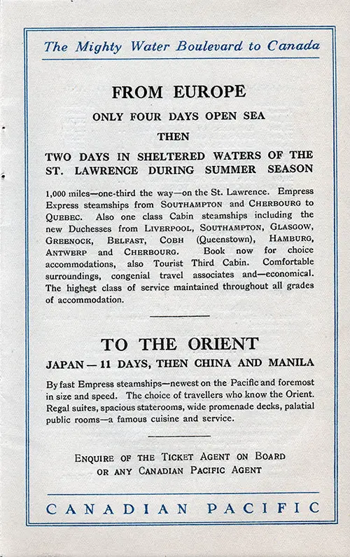 Canadian Pacific Line Advertisement Cruise from Europe and To the Orient.