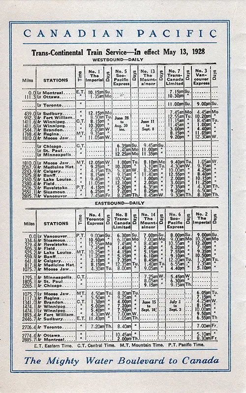 Canadian Pacific Trans-Continental Train Service, Westbound and Eastbound, In Effect 13 May 1928.