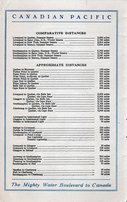 Table of Comparative and Approximate Distances to Points Served by the Canadian Pacific Line.