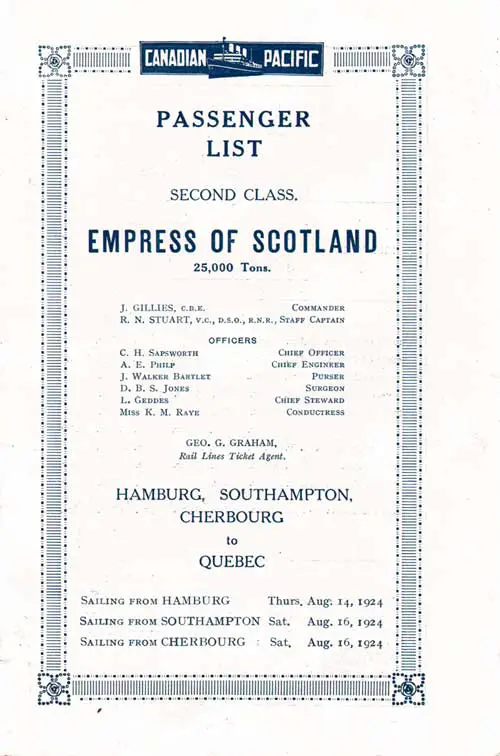 Title Page, RMS Empress of Scotland Second Class Passenger List, 14 August 1924.