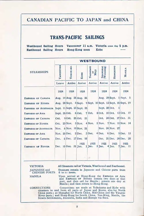 Trans-Pacific Sailing Schedule, Vancouver-Yokohama-Kobe-Nagasaki or Moji-Shanghai-Hong Kong-Manila, from 14 August 1924 to 11 January 1925.