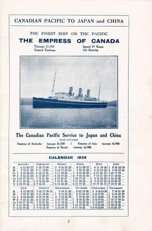 The Finest Ship on the Pacific, The Empress of Canada. 21,500 Tons, 21 Knots, Oil Burning, and Geared Turbines. 1924 Calendar.