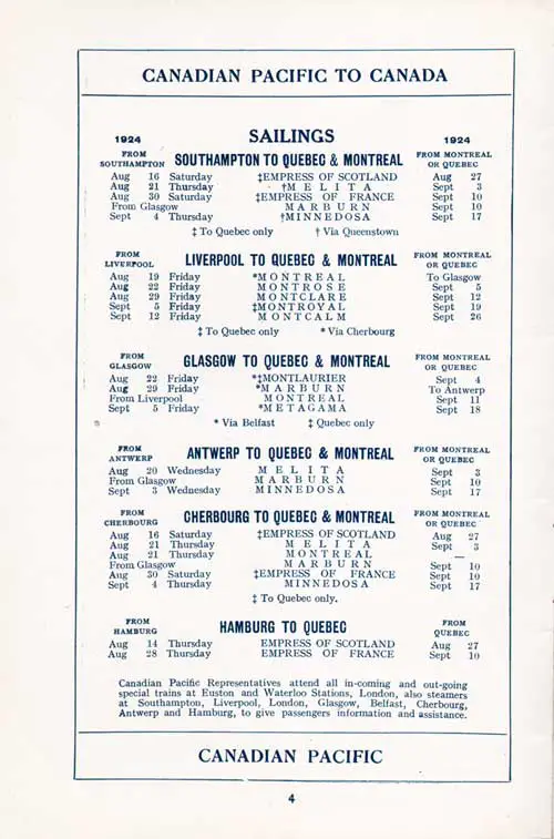 Canadian Pacific Sailing Schedule to Canada, 1924. From 14 August 1924 to 26 September 1924.