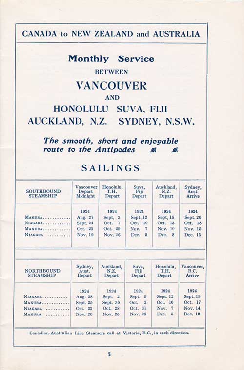 Sailing Schedule, Vancouver-Honolulu-Suva, Fiji-Auckland-Sydney, from 27 August 1924 to 13 December 1924.