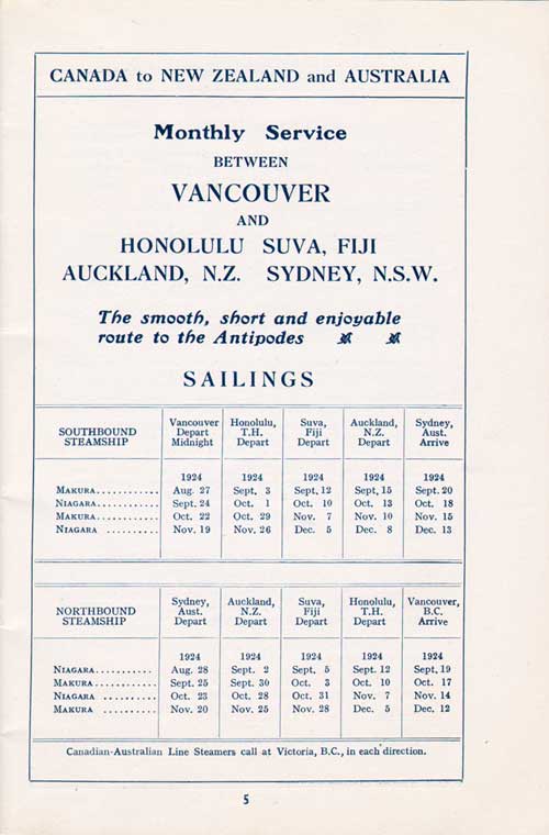 Sailing Schedule, Vancouver-Honolulu-Suva, Fiji-Auckland-Sydney, from 27 August 1924 to 13 December 1924.