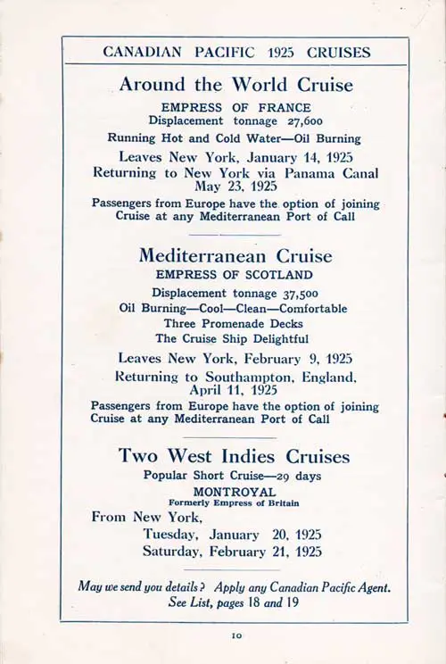 Advertisement: Canadian Pacific 1925 Cruises.