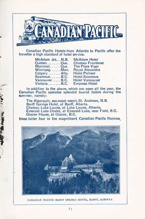 Listing of Canadian Pacific Hotels and Photograph of the Canadian Pacific Banff Springs Hotel, Banff, AB.