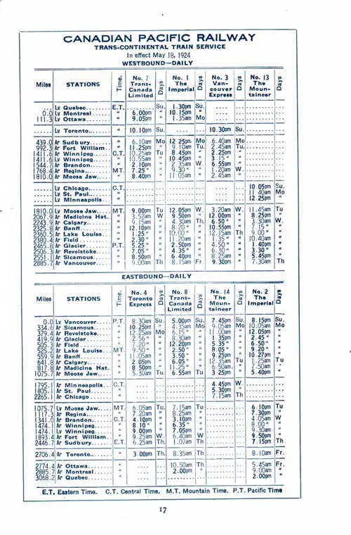 Canadian Pacific Railway Trans-Continental Train Service, Westbound and Eastbound Daily, In Effect 18 May 1924.