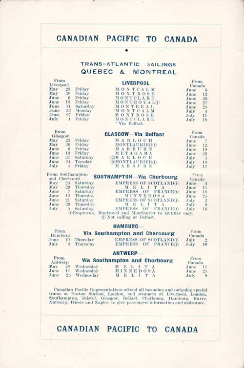 Sailing Schedule, Québec-Montréal-Liverpool, Québec-Montréal-Belfast-Glasgow, Québec-Montréal-Cherbourg-Southampton, Québec-Montréal-Southampton-Cherbourg-Hamburg, and Québec-Montréal-Southampton-Cherbourg-Antwerp, from 23 May 1924 to 18 July 1924.