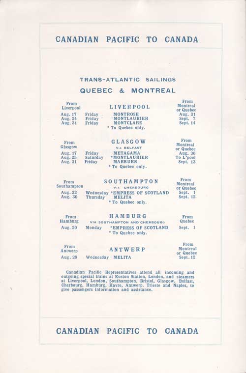Sailing Schedule, Québec-Montréal-Liverpool, Québec-Montréal-Glasgow, Québec-Montréal-Soutampton, Québec-Montréal-Hamburg, and Québec-Montréal-Antwerp, from 17 August 1923 to 14 September 1923.