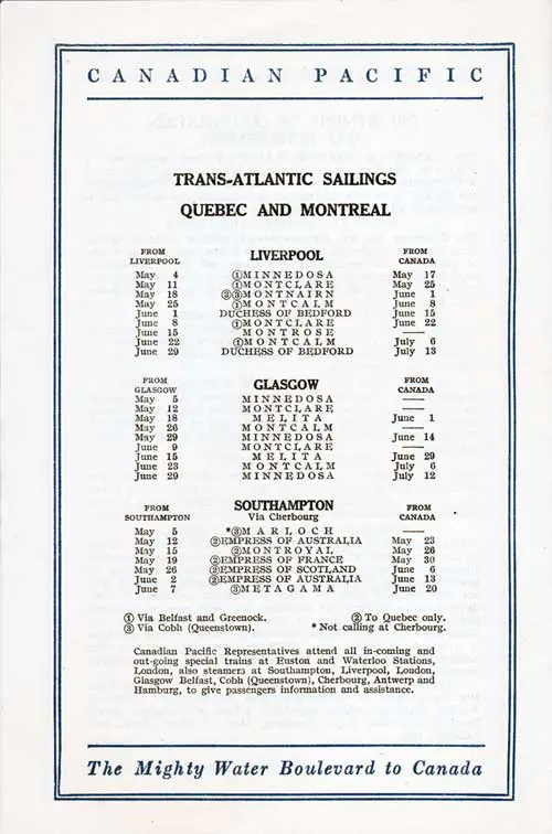 Sailing Schedule, Liverpool-Canada, Glasgow-Canada, and Southampton-Cherbourg-Canada, from 4 May 1928 to 13 July 1928.