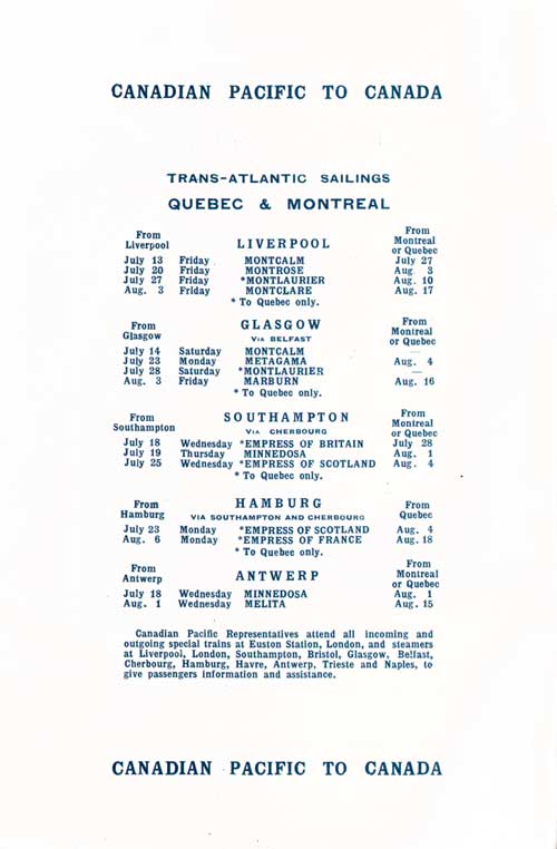 Sailing Schedule, Québec and Montréal to Liverpool, Glasgow, Southampton, Hamburg, or Antwerp, from 13 July 1923 to 18 August 1923.