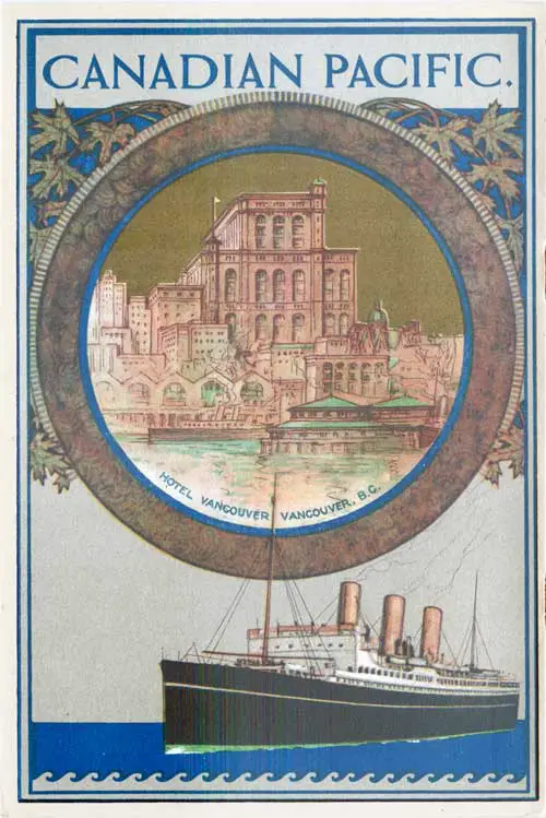 Back Cover of a Cabin Passenger List for the SS Montclare of the Canadian Pacific Line (CPOS), Departing 29 July 1927 from Liverpool to Québec and Montréal via Belfast and Greenock.