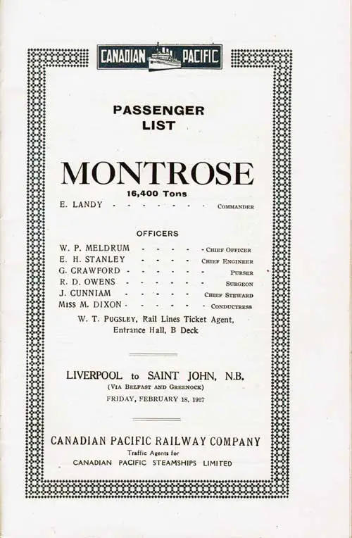 Title Page Including List of Senior Officers and Staff, SS Montrose Cabin Passenger List, 18 February 1927.