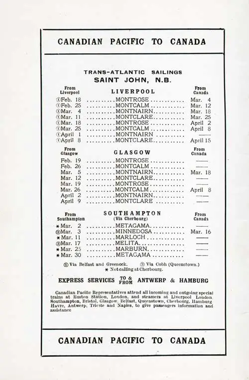 Sailing Schedule, Liverpool-Glasgow-Saint John and Southampton-Cherbourg-Saint John, from 18 February 1927 to 15 April 1927.