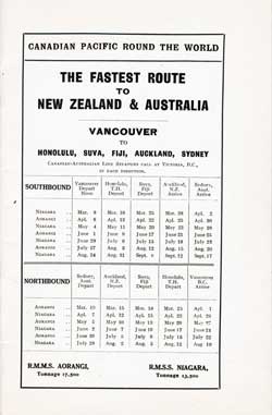 Sailing Schedule, Vancouver-Victoria-Honolulu-Suva-Fiji-Auckland-Sydney, from 9 March 1927 to 17 Septmeber 1927.