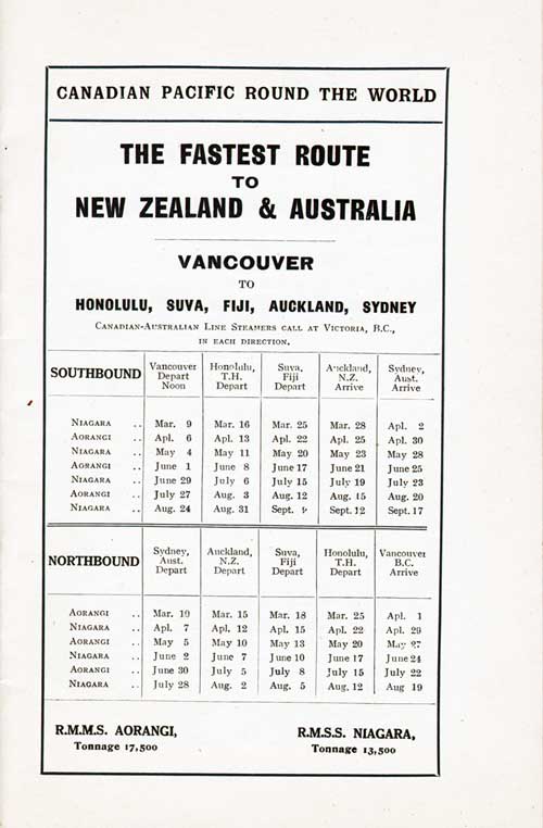 Sailing Schedule, Vancouver-Victoria-Honolulu-Suva-Fiji-Auckland-Sydney, from 9 March 1927 to 17 Septmeber 1927.