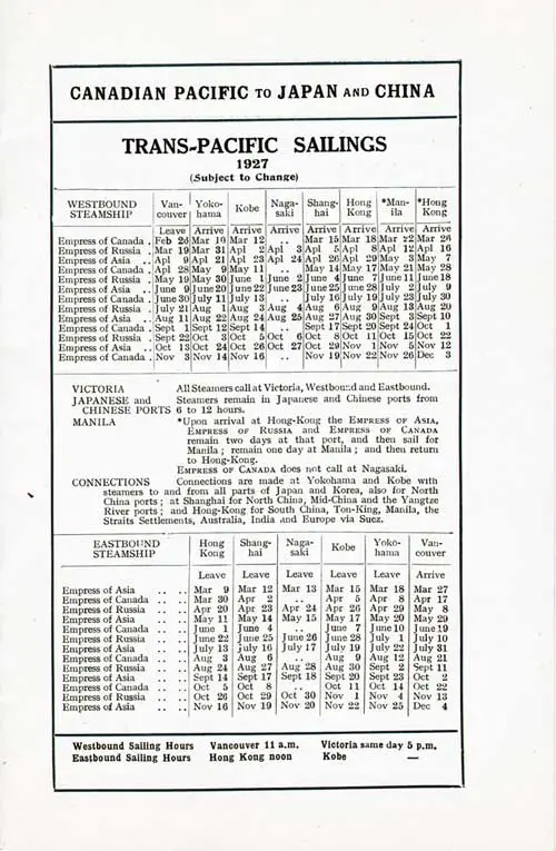 Sailing Schedule, Trans-Pacific Ports (Vancouver, Victoria, Yokohama, Kobe, Nagasaki, Shanghai, Hong Kong, Manila), from 26 February 1927 to 4 December 1927.