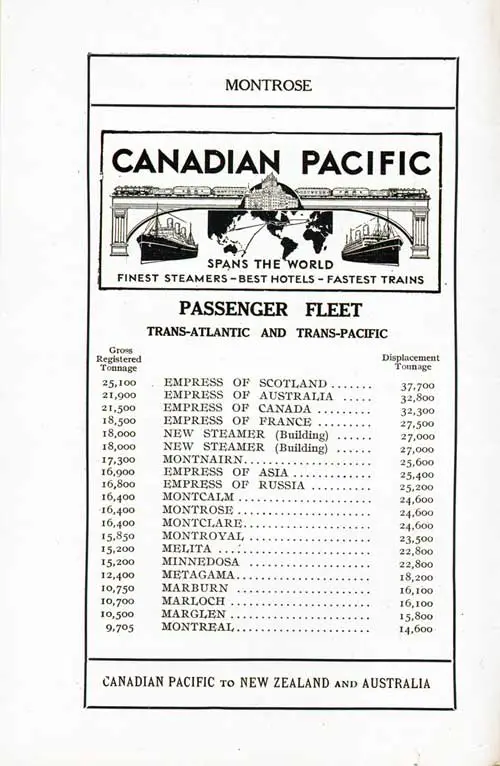 Canadian Pacific Passenger Fleet, Trans-Atlantic and Trans-Pacific, 1927.
