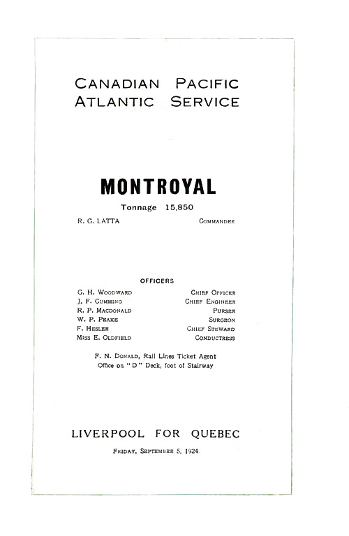 Title Page and List of Senior Officers and Staff, SS Montroyal Cabin Passenger List, 5 September 1924.