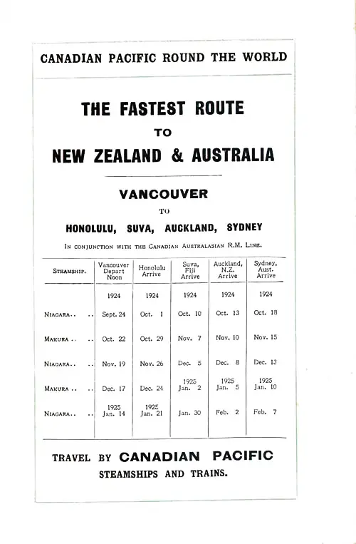 Sailing Schedule, Vancouver-Honolulu-Suva, Fiji-Auckland-Sydney, from 24 September 1924 to 7 February 1925.