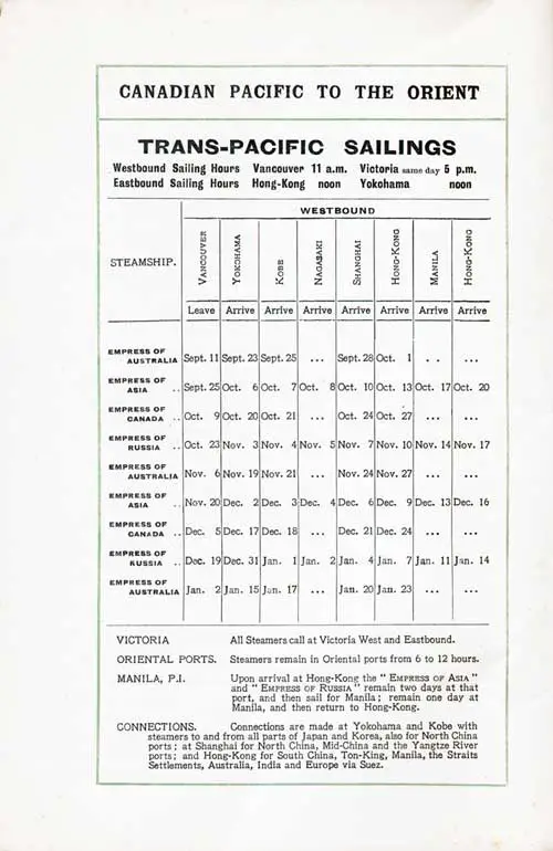 Trans-Pacific Sailing Schedule, Vancouver-Yokahama-Kobe-Nagasaki-Shanghai-Manila-Hong Kong, from 11 September 1924 to 23 January 1925.