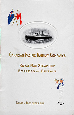 Passenger List, Canadian Pacific Railway RMS Empress of Britain 1909