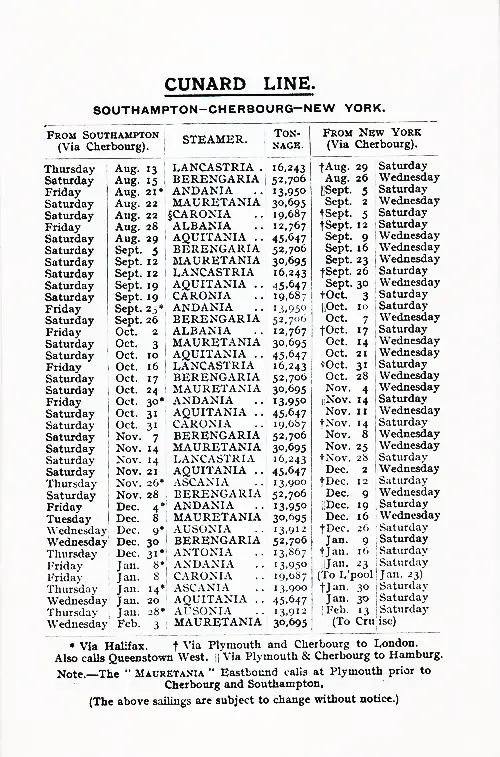 Proposed Sailings, Cunard Line, Southampton-Cherbourg-New York, from 13 August 1925 to 3 February 1926.