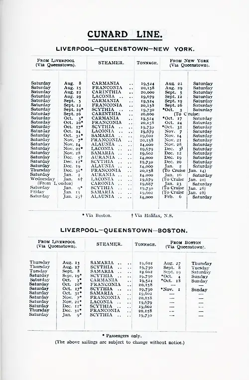 Proposed Sailings, Cunard Line, Liverpool-Queenstown (Cobh)-New York, and Liverpool-Queenstown (Cobh)-Boston, from 8 August 1925 to 6 February 1926.